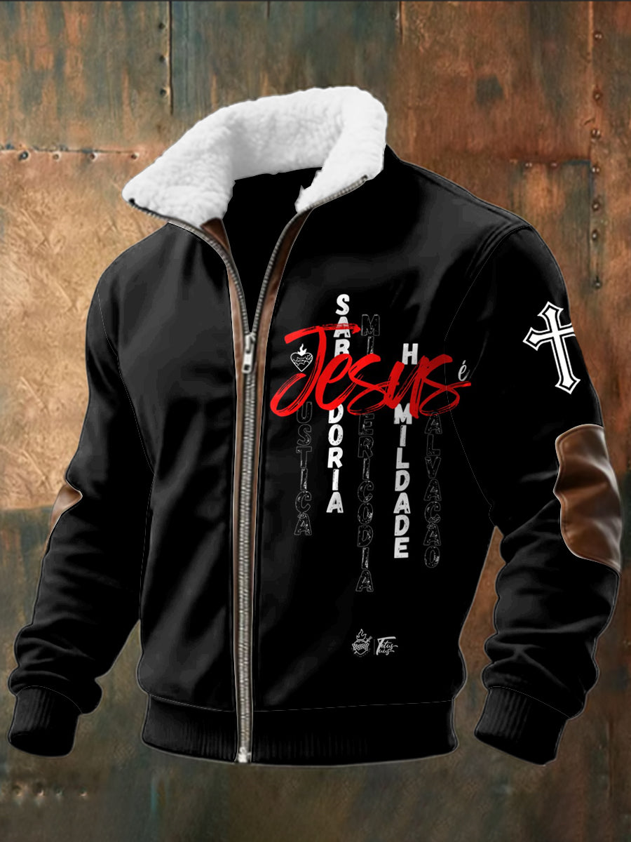 Retro Jesus Cross Lambskin Collar Zipper Jacket