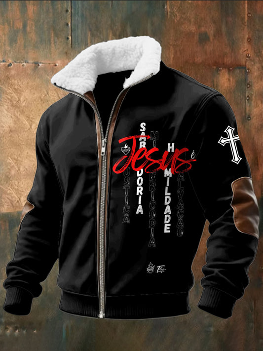 Retro Jesus Cross Lambskin Collar Zipper Jacket