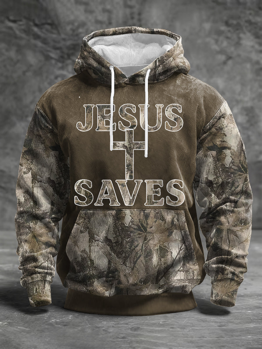 Men's Jesus Saves Cross Faith Forest Camouflage Print Casual Hoodie