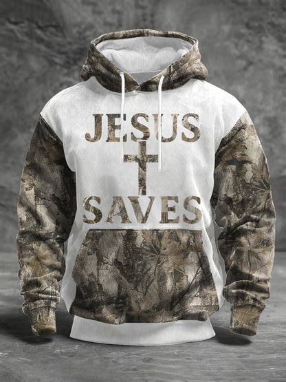 Men's Jesus Saves Cross Faith Forest Camouflage Print Casual Hoodie