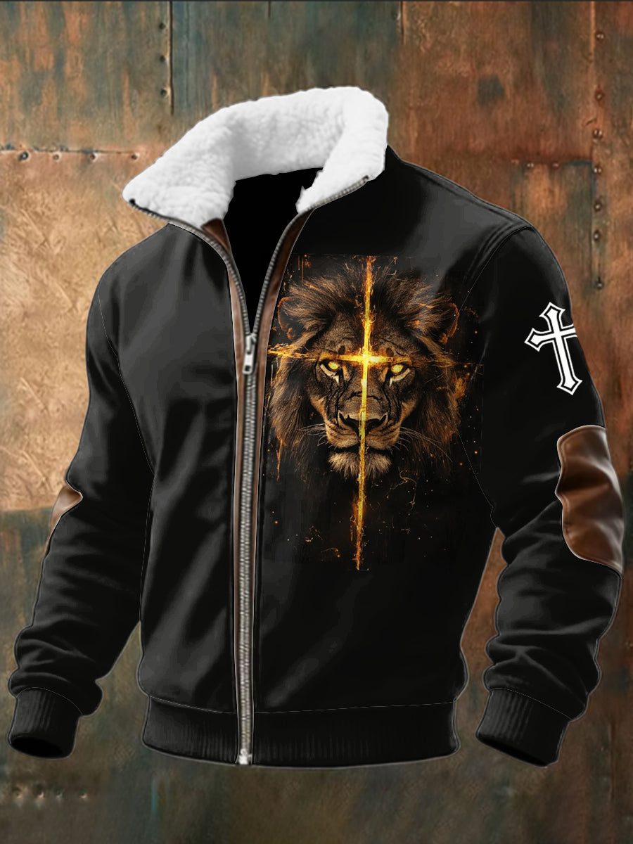 Retro Jesus Lion Lamb Fur Collar Zipper Jacket