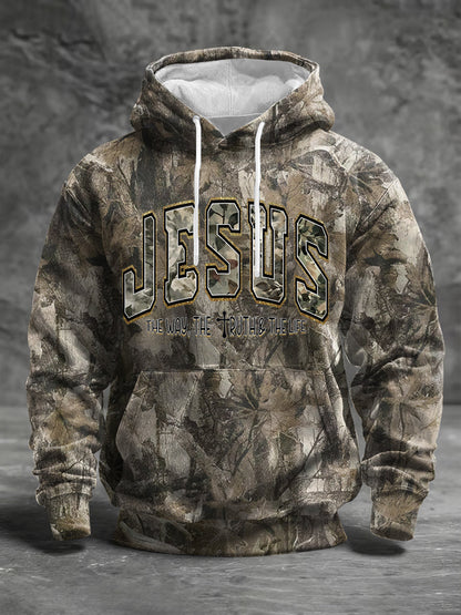 Men's Jesus The Way The Truth The Life Forest Camouflage Print Casual Hoodie