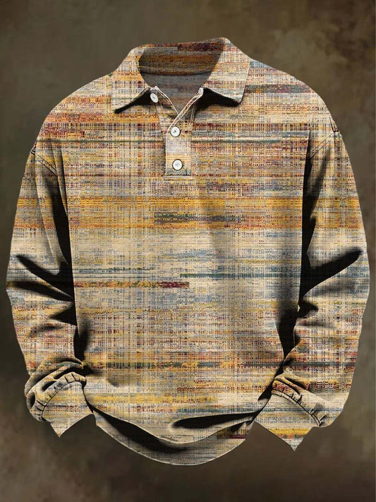 Retro Striped Print Casual Long-Sleeve Polo Shirt