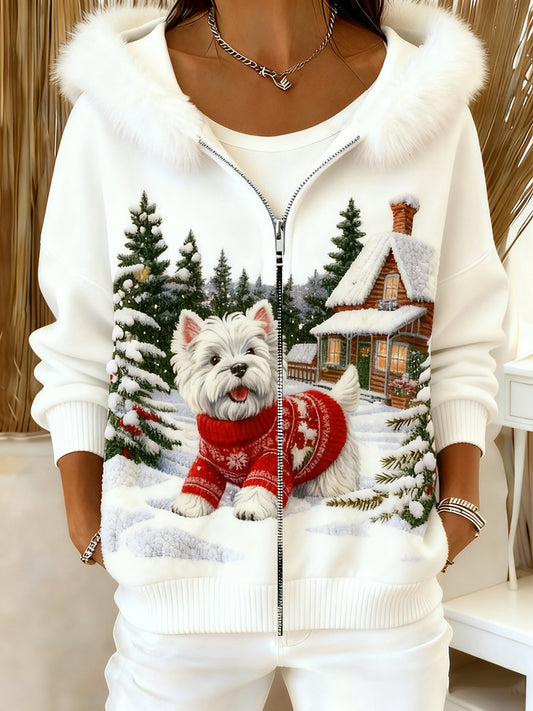 Women's Retro Animal Art Comfortable Plush Hooded Cardigan
