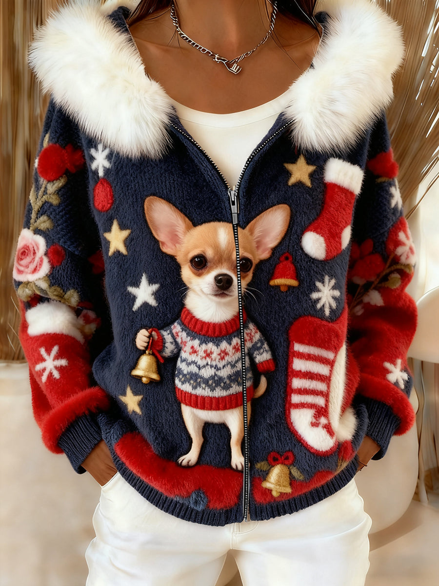 Women's Retro Animal Art Comfortable Plush Hooded Cardigan