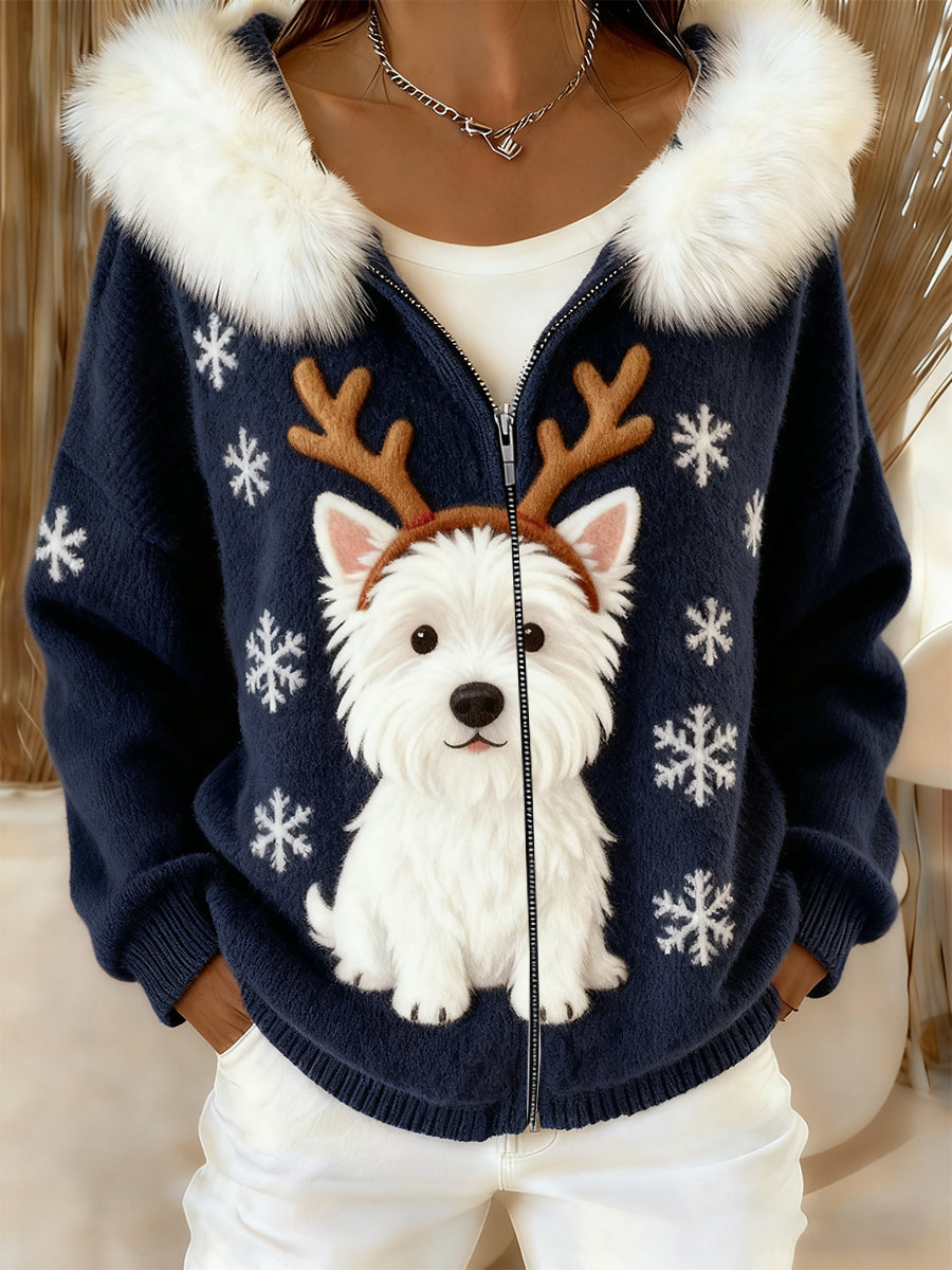 Women's Retro Animal Art Comfortable Plush Hooded Cardigan