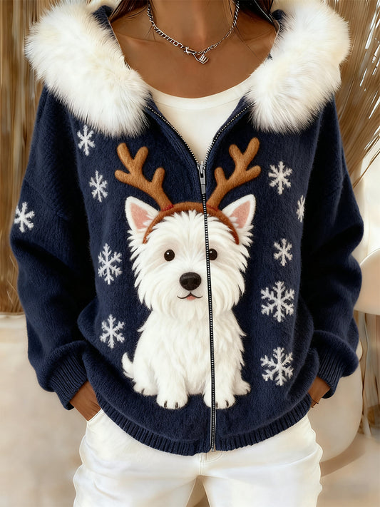 Women's Retro Animal Art Comfortable Plush Hooded Cardigan