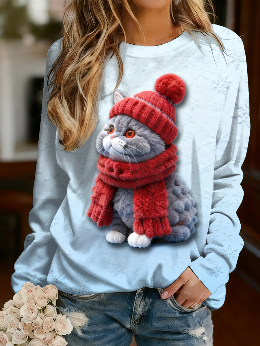Women's Long-Sleeved Top: Christmas Cute Cat Design