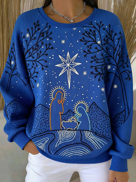 Women's Christian Nativity Scene  Ribbed Round-Neck Sweatshirt