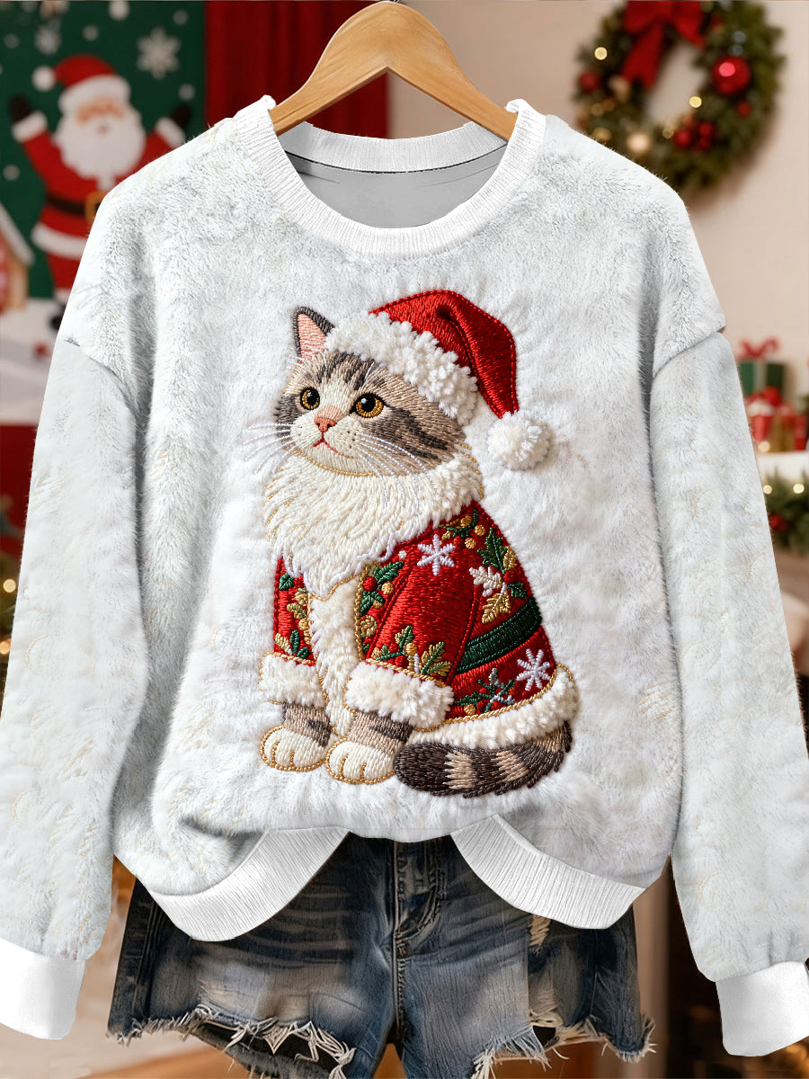 Gorgeous Christmas Cat Pattern Casual Long Sleeved Sweatshirt