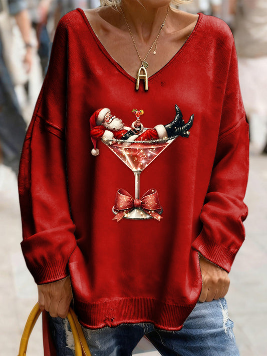 Retro Christmas Santa Claus Cocktail Print Comfortable Long Sleeve T-Shirt