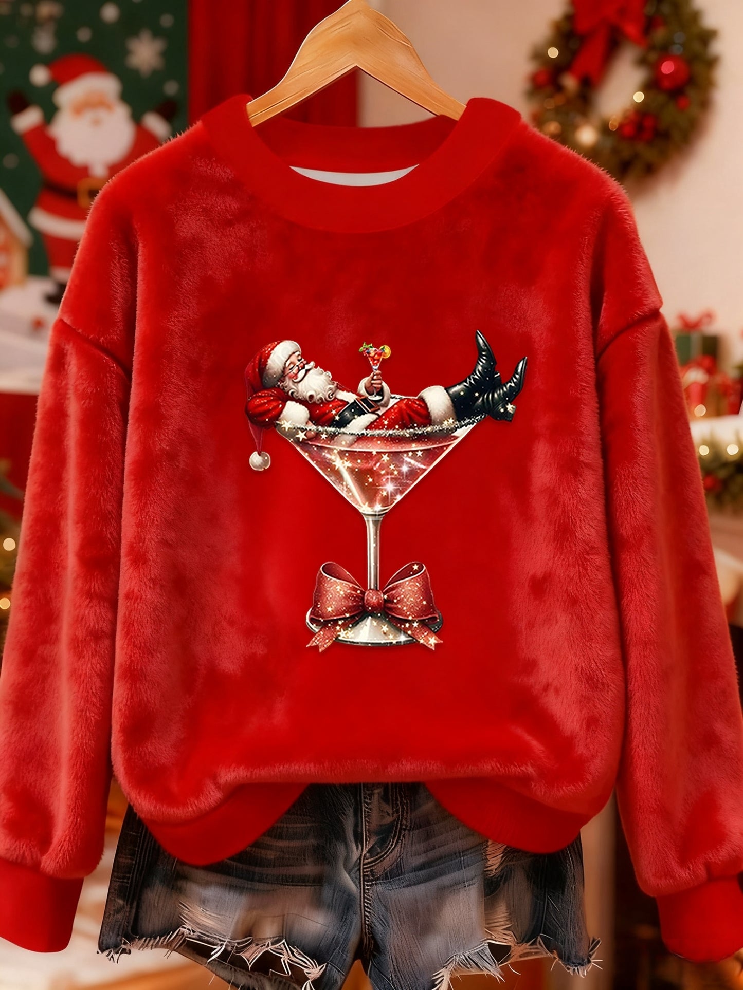 Retro Christmas Santa Claus Cocktail Print Comfortable Flannel Sweatshirt