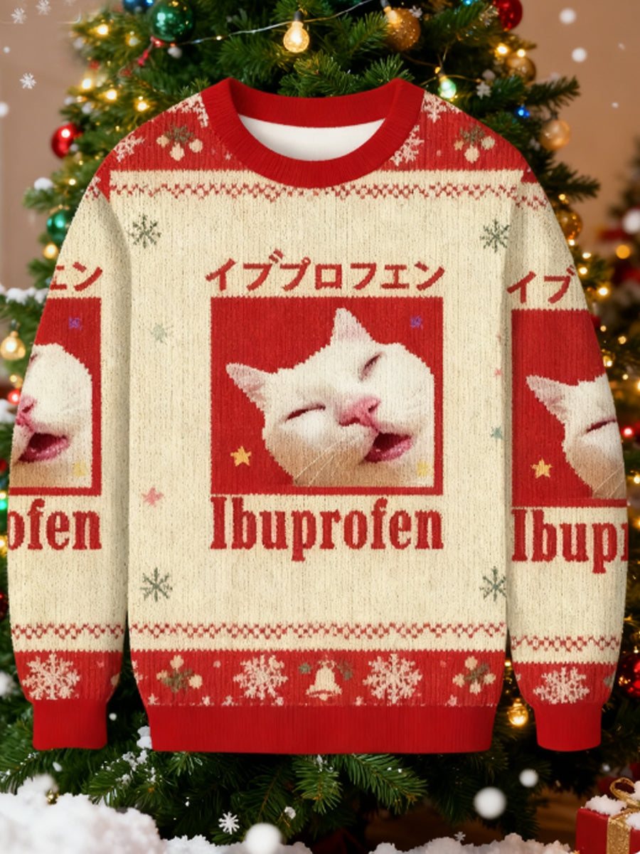 Men's Red Ibuprofen Meme Cat Christmas Ugly Sweatshirt