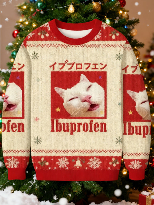 Men's Red Ibuprofen Meme Cat Christmas Ugly Sweatshirt
