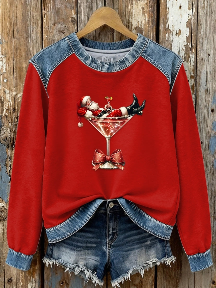 Retro Christmas Santa Claus Cocktail Patchwork Denim Print Comfortable Long Sleeve Top