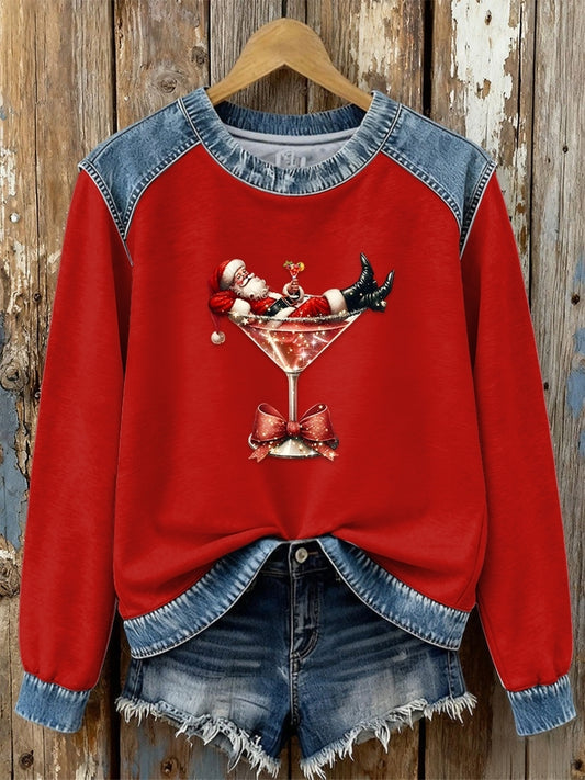 Retro Christmas Santa Claus Cocktail Patchwork Denim Print Comfortable Long Sleeve Top