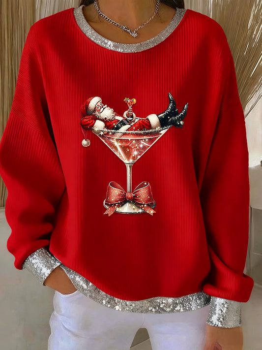 Retro Christmas Santa Claus Cocktail With Sequins Print Comfortable Long Sleeve Top