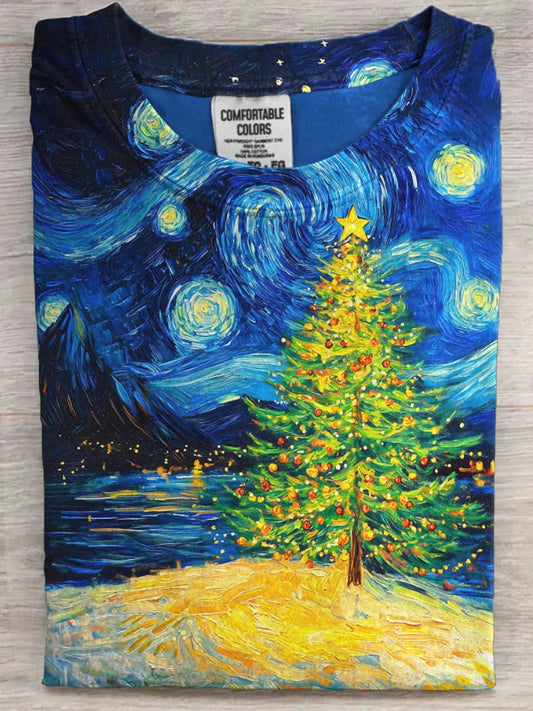 Abstract Oil Painting Christmas Tree Print Casual Short-Sleeve T-Shirt
