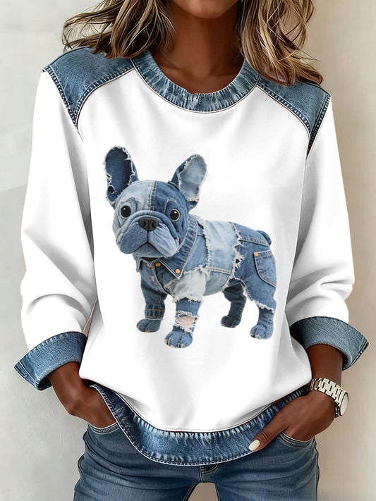Women's Denim Patchwork Art French Bulldog Pattern Sweatshirt