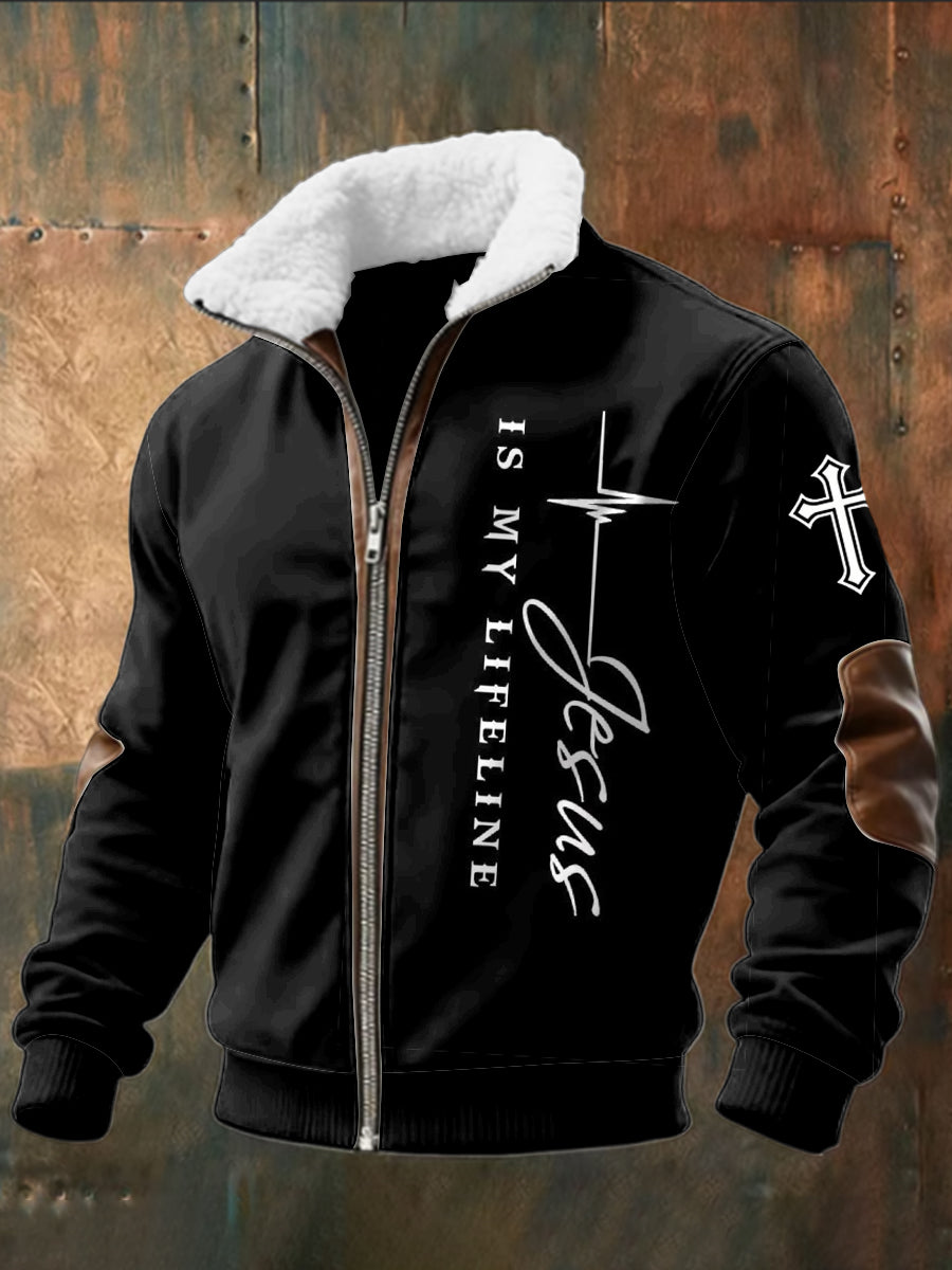 Retro Jesus Is My Lifeline Shearling-Lined Zipper Jacket