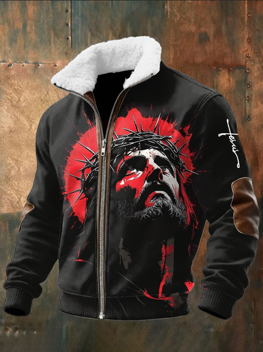 Retro Abstract Jesus-Print Lambswool Zipper Jacket