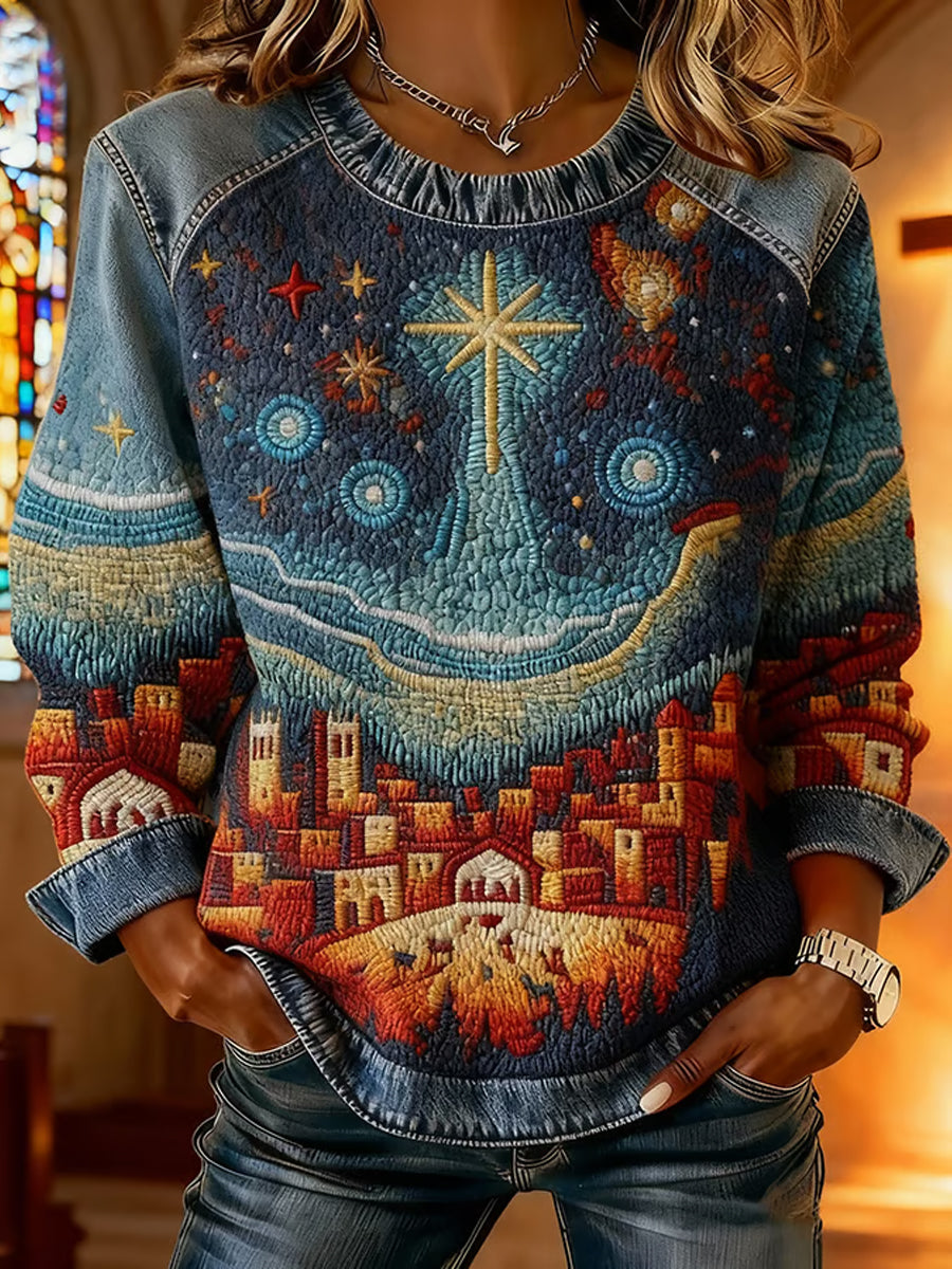 Women's Christian Nativity Scene Greatest Gift of All  Denim Patchwork Top