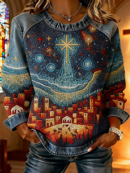 Women's Christian Nativity Scene Greatest Gift of All  Denim Patchwork Top