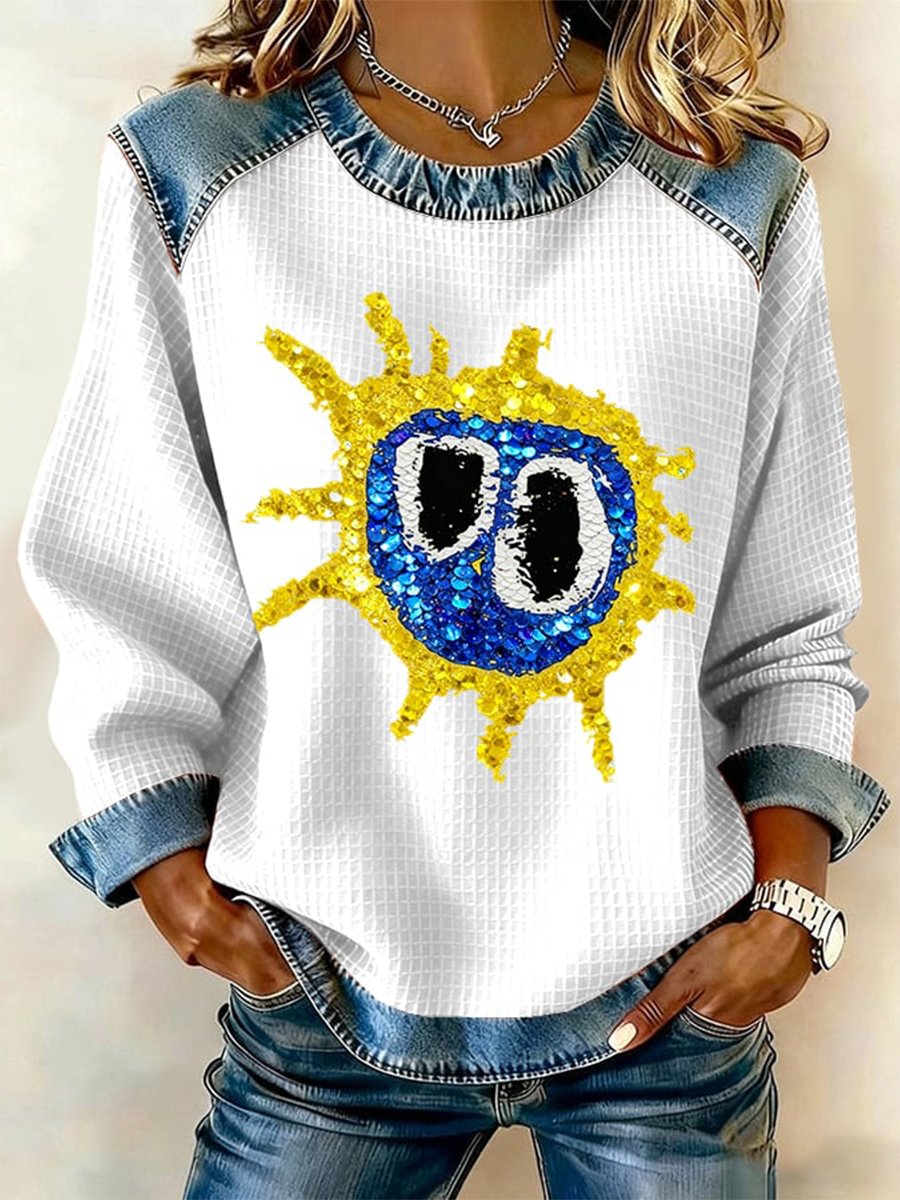 Women's Lemon Roses Music Lover Denim Patchwork Top