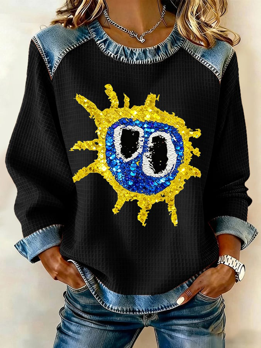 Women's Lemon Roses Music Lover Denim Patchwork Top