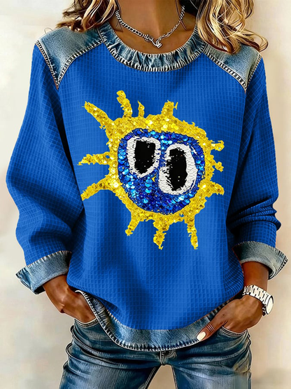 Women's Lemon Roses Music Lover Denim Patchwork Top