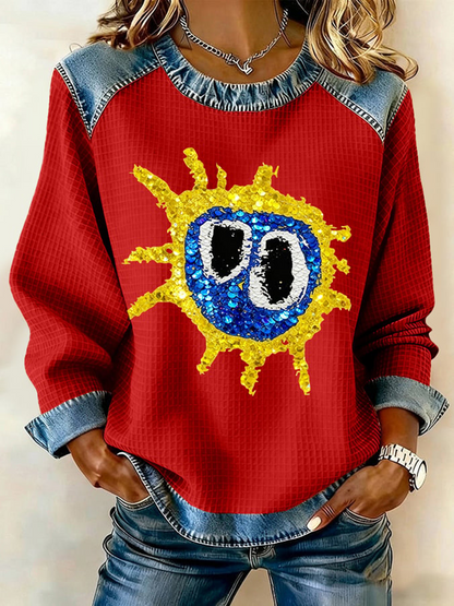 Women's Lemon Roses Music Lover Denim Patchwork Top