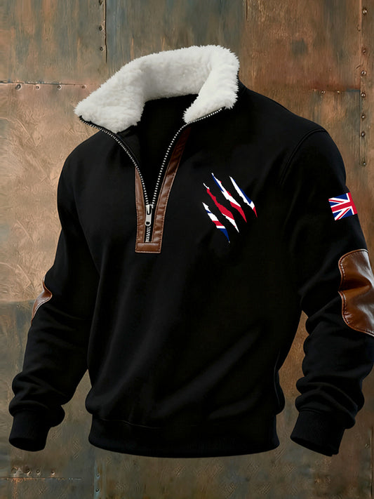 Men's Vintage Printed Casual Half-Zip Sweatshirt With Fleece Collar