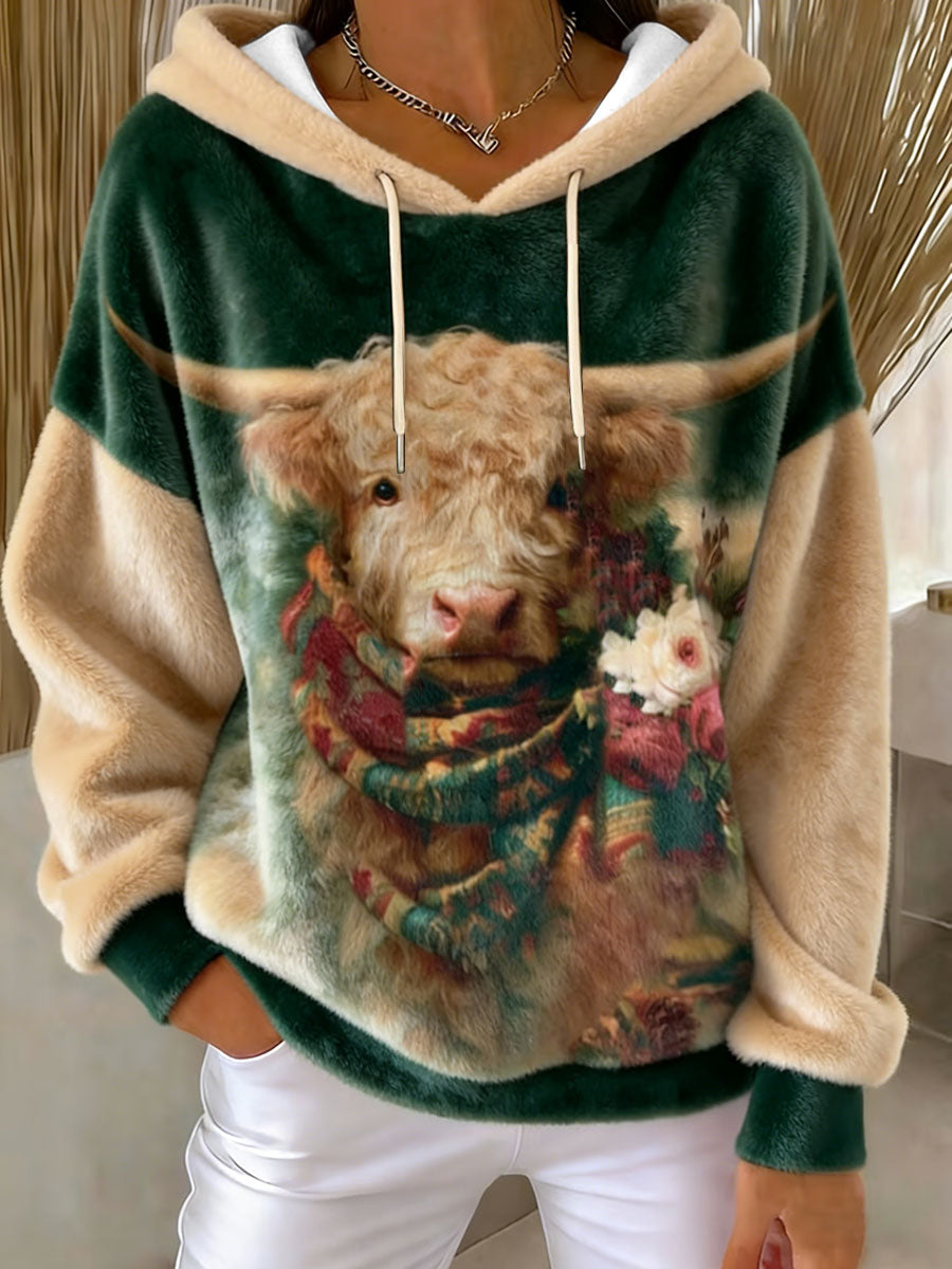 Women's Winter Cute Highland Cow  Flannel Hoodie