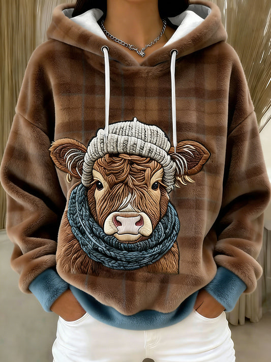 Women's Winter Cute Highland Cow  Flannel Hoodie