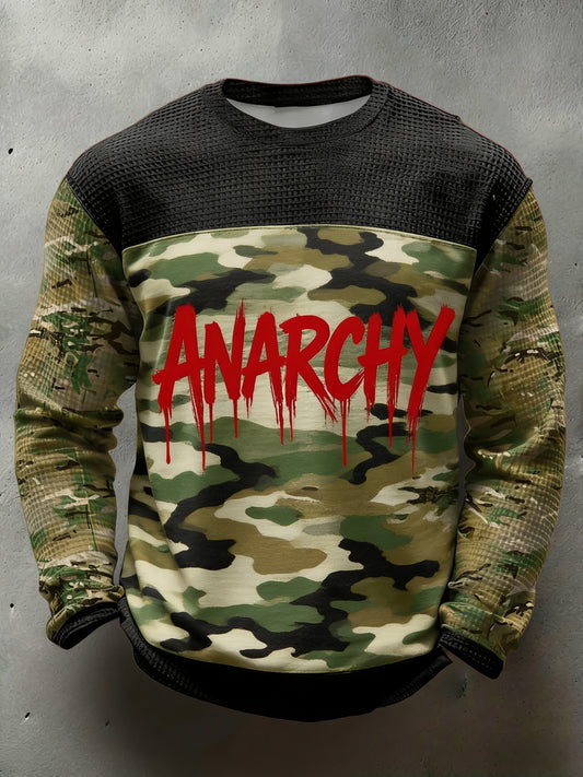 Men's Retro Punk Band Camo Print Casual Waffle Long-Sleeve Top