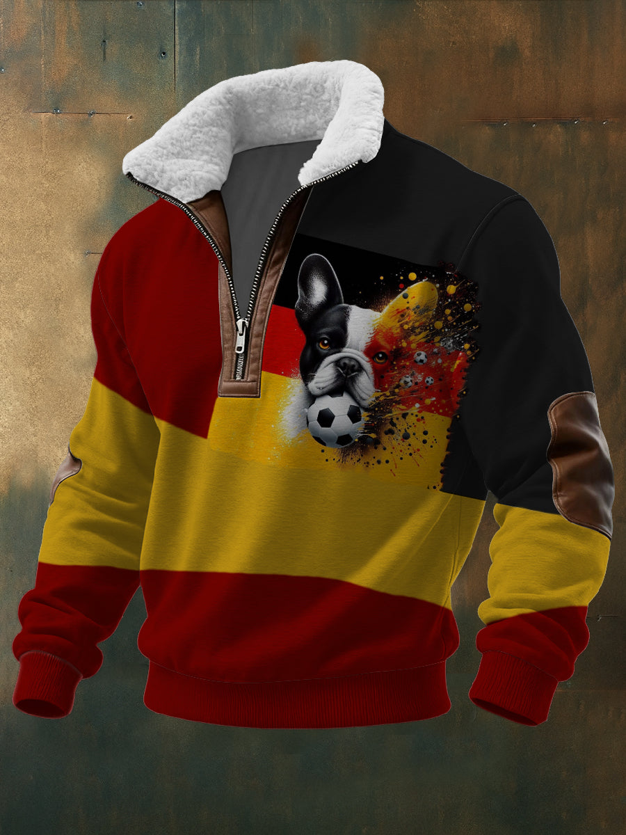 Men's Color - Block Germany Football Dog Print Sherpa - Lined Quarter - Zip Sweatshirt