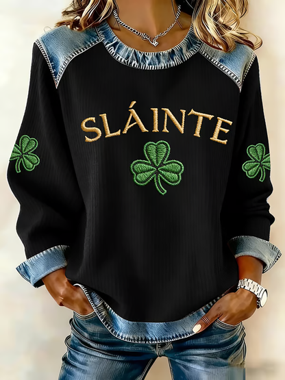 Women's St. Patrick's Day Printed Denim Patchwork Top
