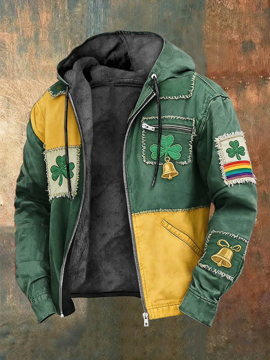 Retro St. Patrick's Day Patchwork Fleece-Lined Hooded Jacket