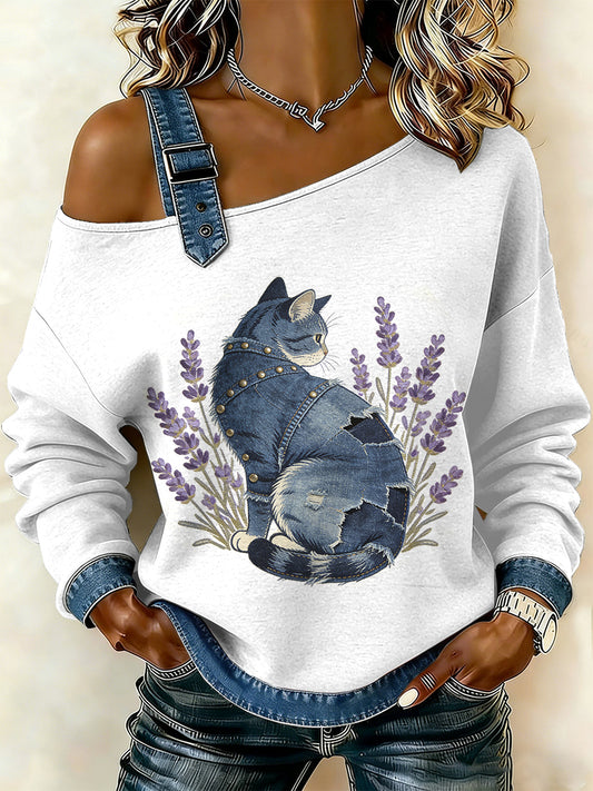 Women's Vintage Cat Patchwork Print Casual Off-Shoulder Sweatshirt