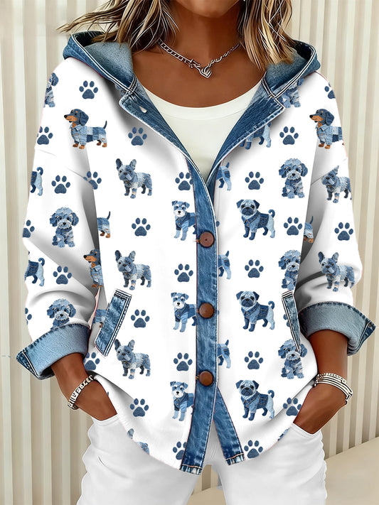 Women's Lovely Dog Pattern Denim Patchwork Hooded Cardigan