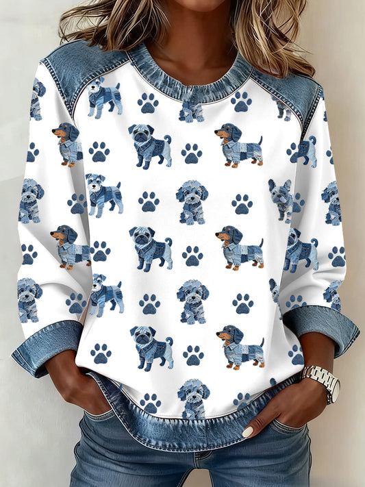 Women's Lovely Dog Pattern Denim Patchwork Sweatshirt