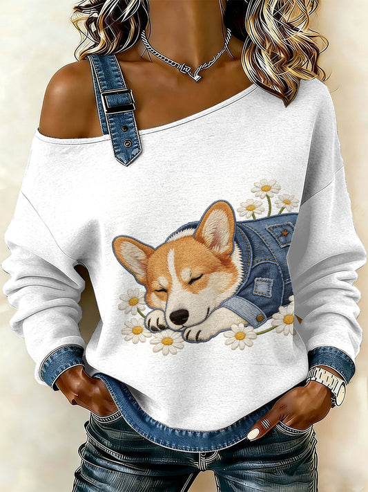 Women's Vintage Dog Patchwork Print Casual Off-Shoulder Sweatshirt
