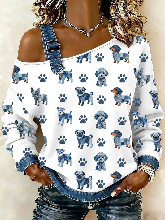 Women's Lovely Dog Pattern Denim Patchwork Top