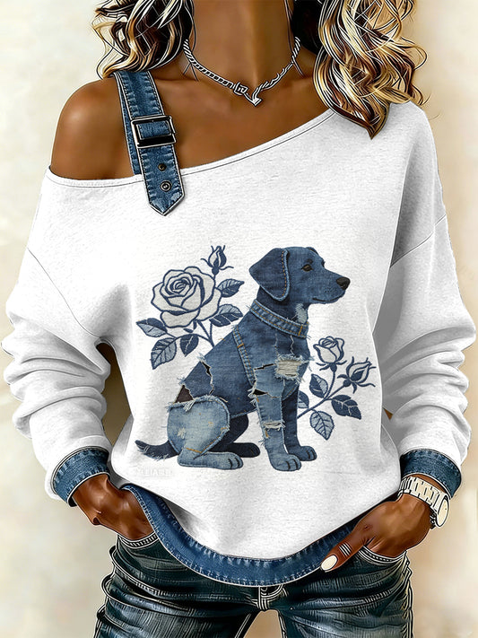 Women's Vintage Dog Patchwork Print Casual Off-Shoulder Sweatshirt