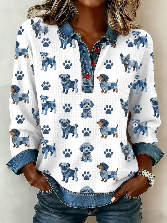 Women's Lovely Dog Pattern Denim Patchwork Top