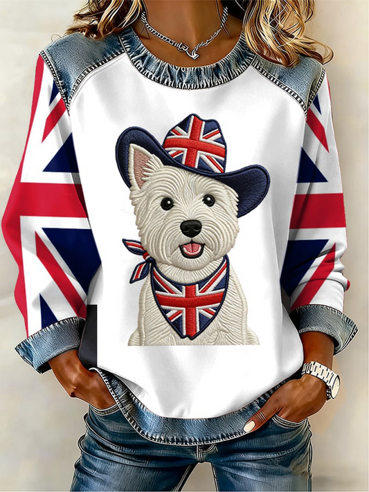 Women's UK West Highland White Terrier Denim Patchwork Top