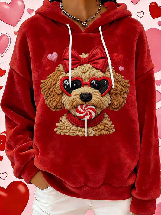 Women's Valentine's Day Dog Print Flannel Hoodie