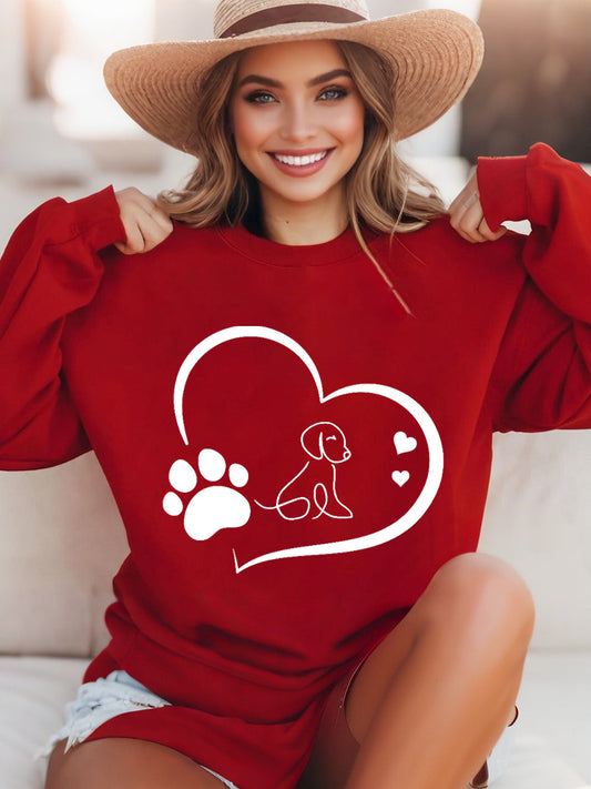 Women's Paw Heart Print Dog Lovers Valentine's Day Casual Sweatshirt