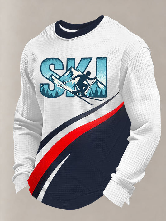 Men's Winter Sports 2026 Skiing Print Waffle Long Sleeve Sweatshirt