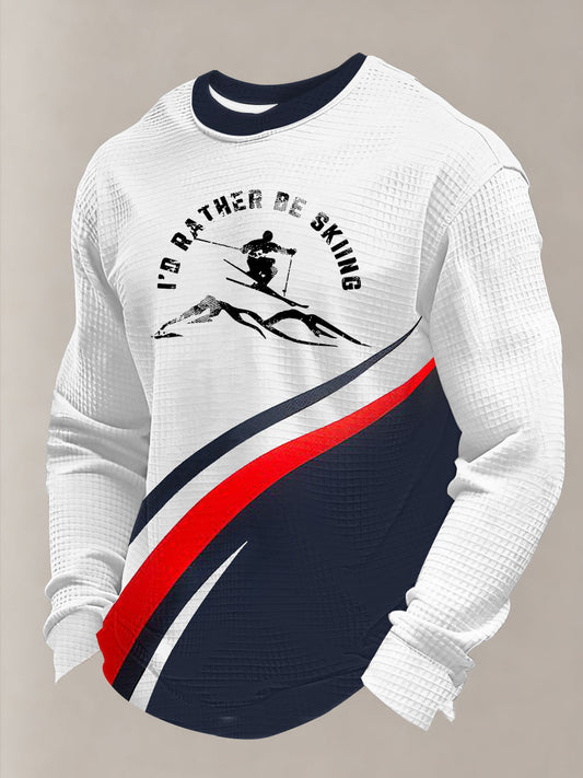 Men's Winter Sports 2026 Skiing Print Waffle Long Sleeve Sweatshirt